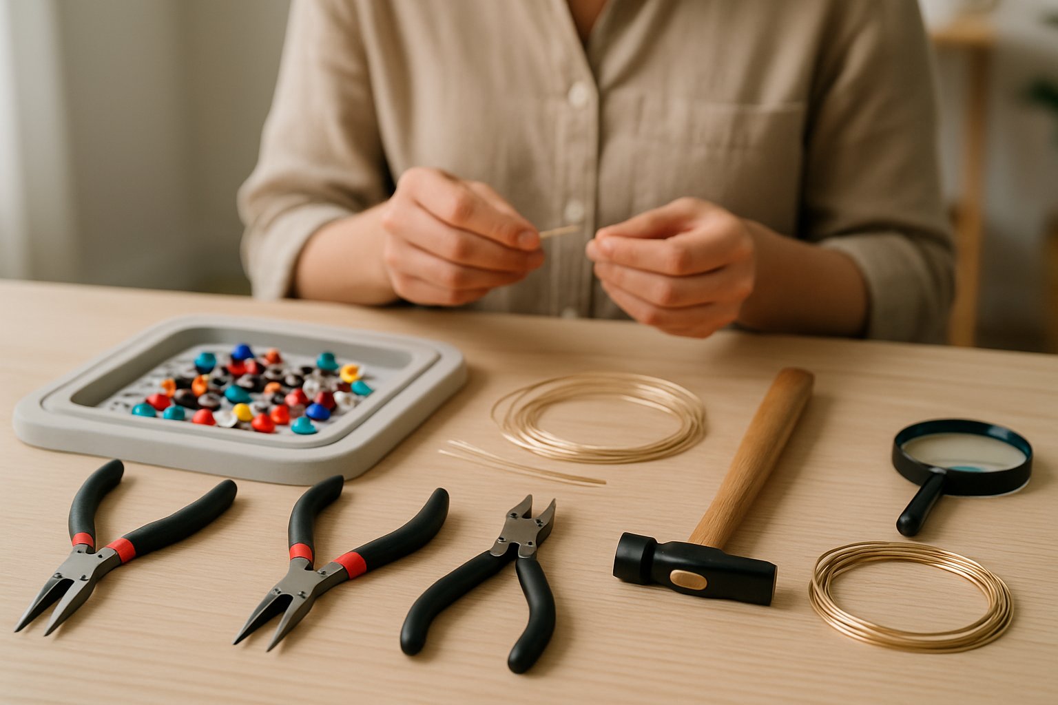 A workspace with jewellery making tools and materials arranged on a wooden table, with a person holding wire in the background.