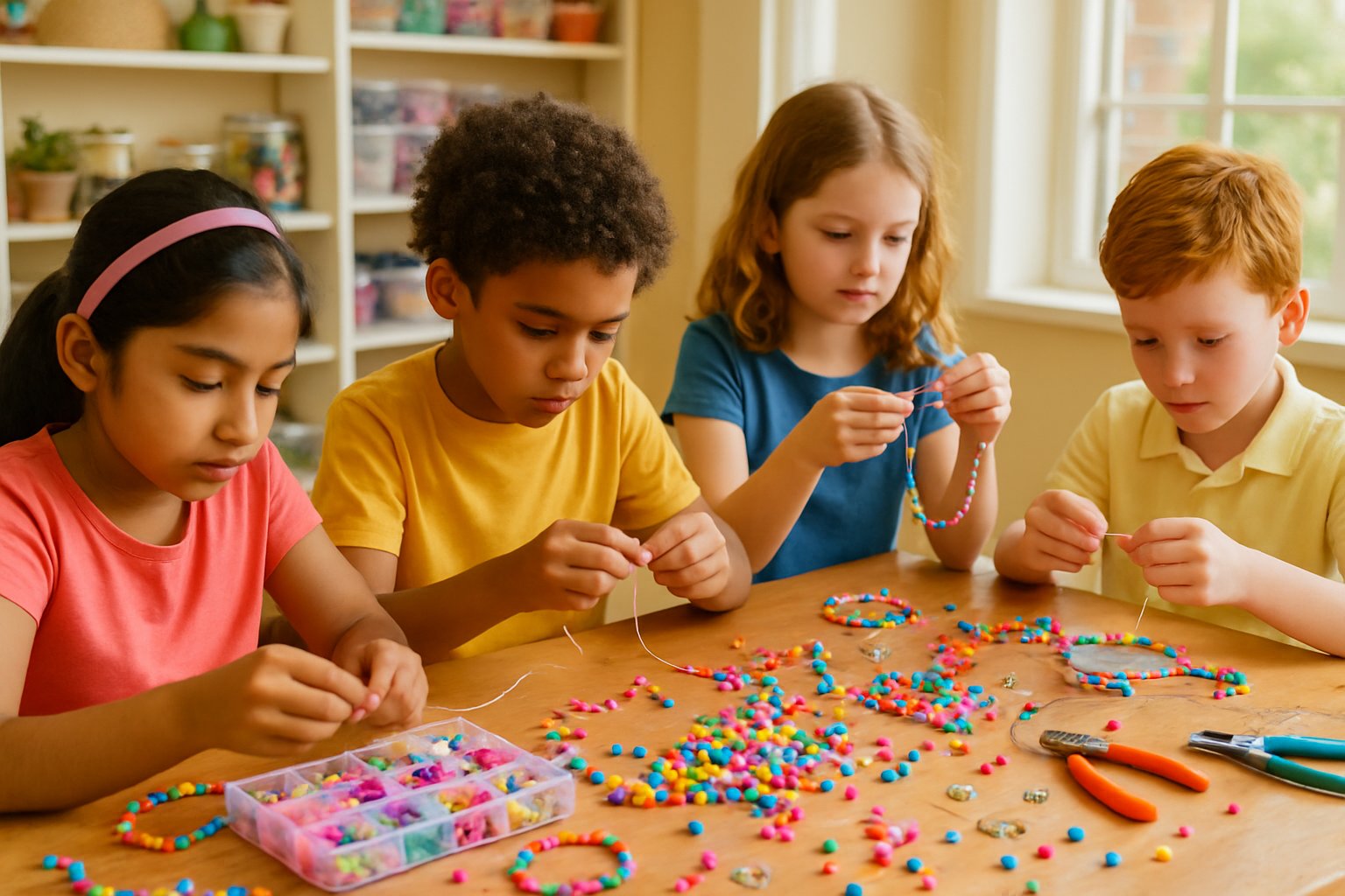 Children sitting around a table making jewellery with beads and strings in a bright room.
