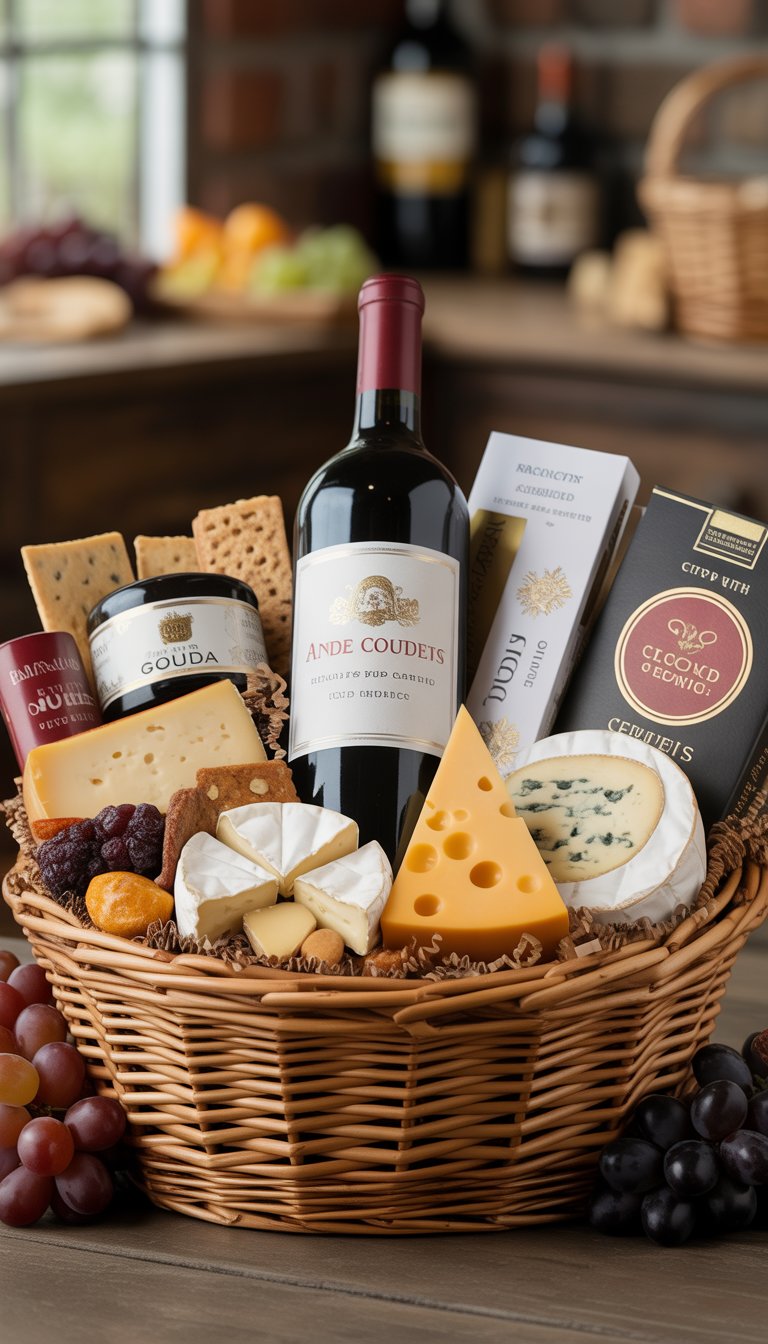 A woven basket filled with a bottle of red wine, assorted artisan cheeses, crackers, nuts, dried fruits, and grapes.