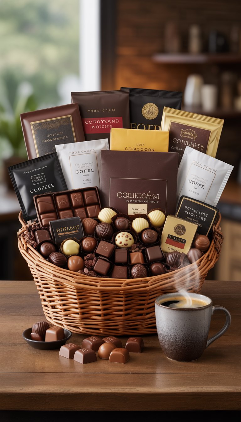 A gift basket filled with gourmet chocolates and coffee, with a cup of coffee beside it on a wooden table.