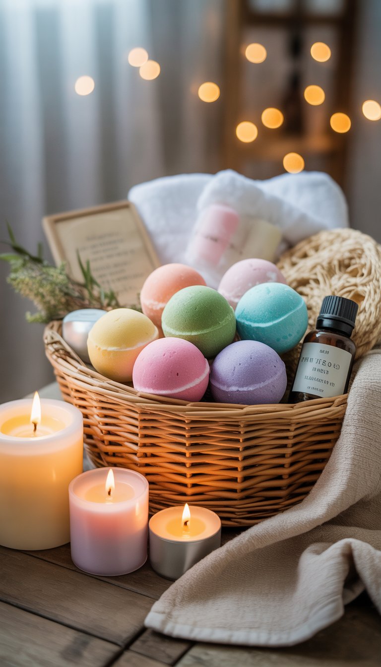 A gift basket filled with bath bombs, lit scented candles, towels, and spa essentials arranged on a surface.