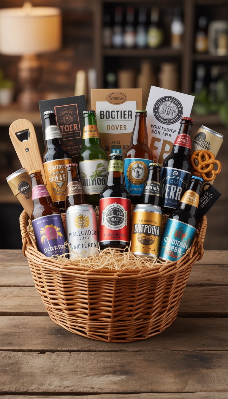 A basket filled with assorted local craft beer bottles and cans, accompanied by beer glasses and snacks on a wooden table.