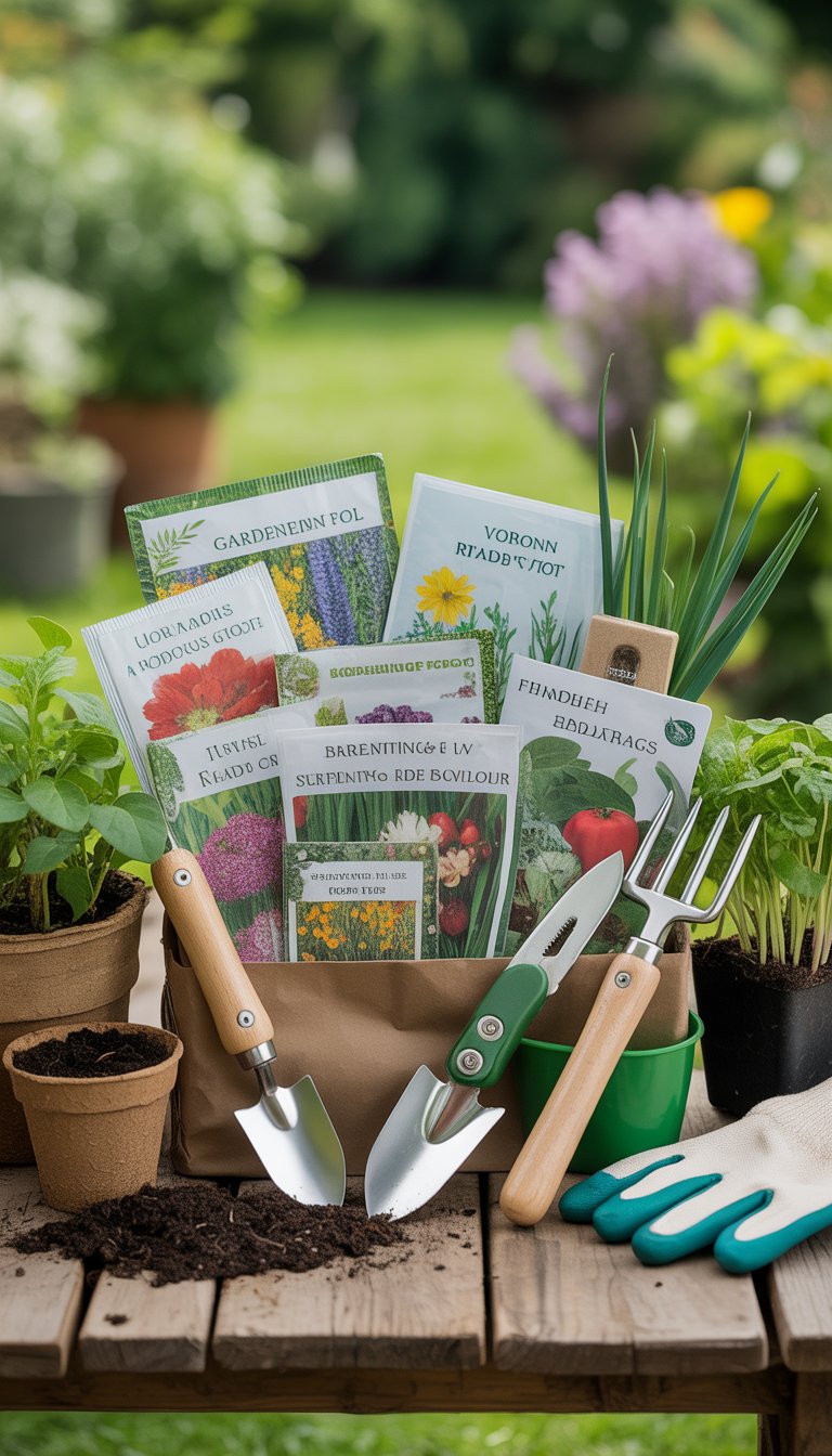 A garden starter kit with seed packets, gardening tools, gloves, and small pots arranged on a wooden table with a garden background.