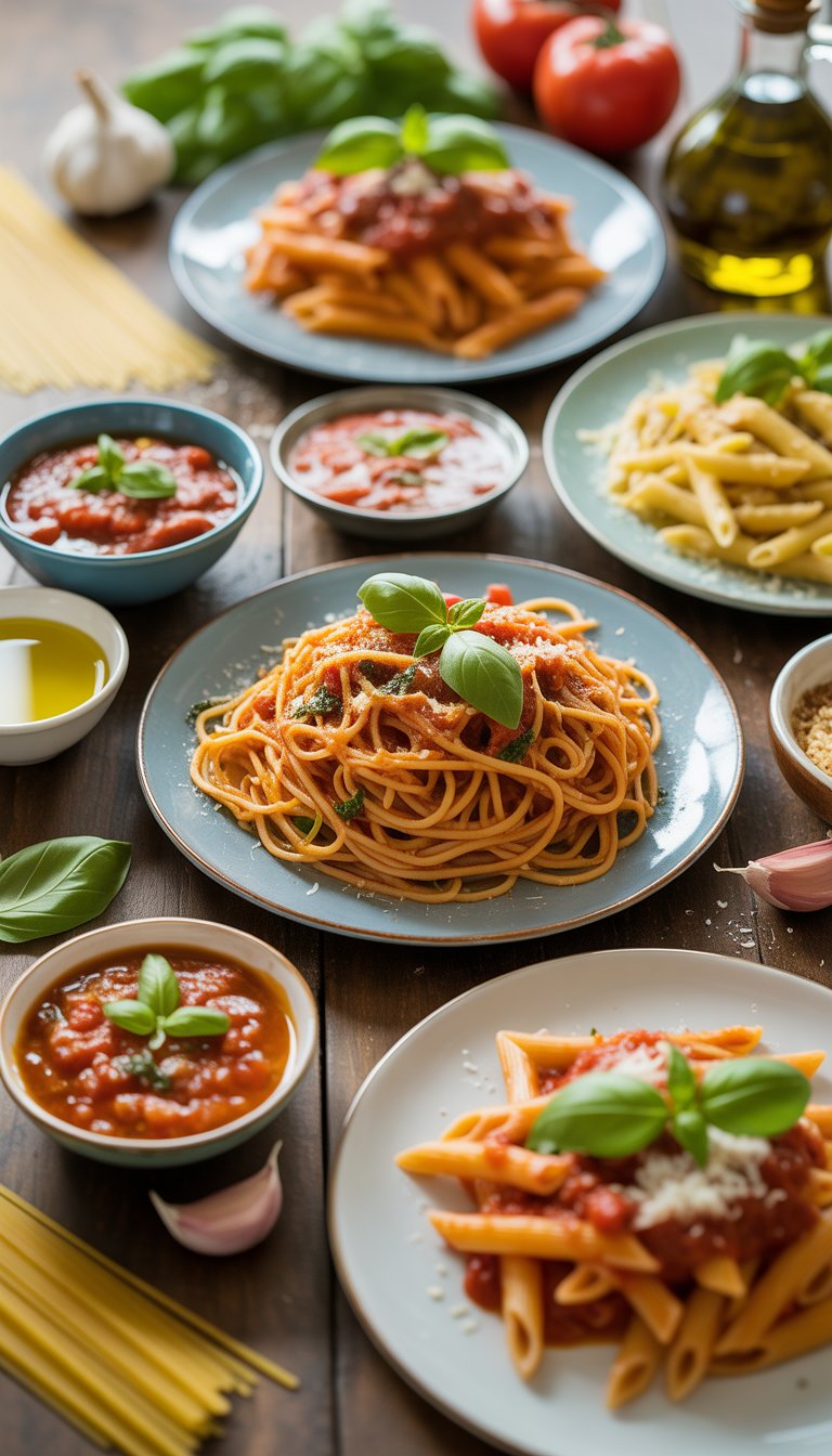 A wooden table set with plates of Italian pasta, bowls of olive oil and tomato sauces, and fresh ingredients like tomatoes and basil.
