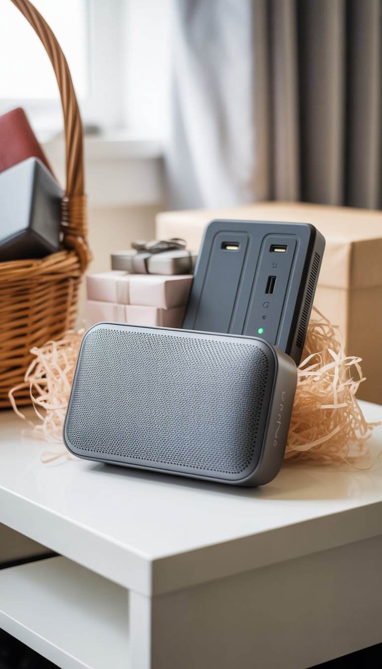 A Bluetooth speaker and portable charger arranged together on a white surface with decorative gift basket elements around them.
