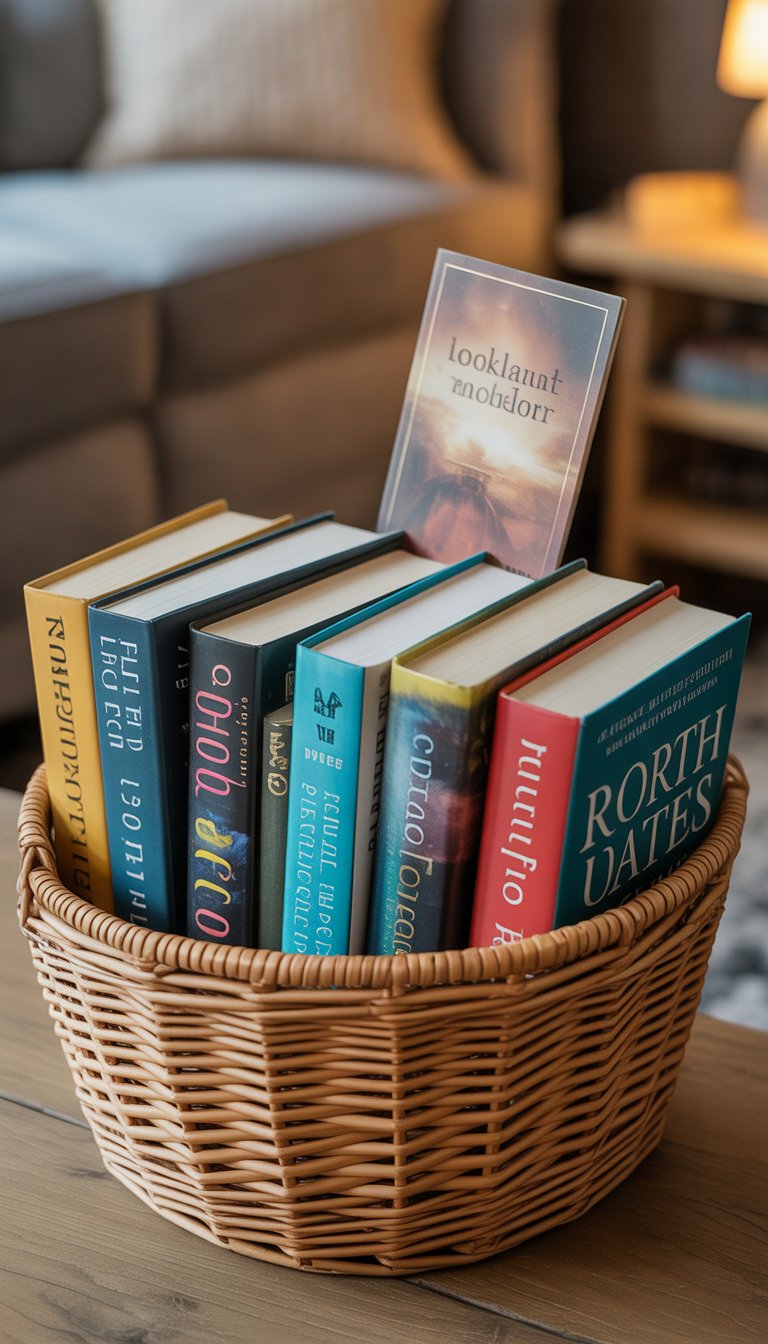 A woven basket filled with bestselling novels and a bookmark placed on a wooden table in a cozy reading space.