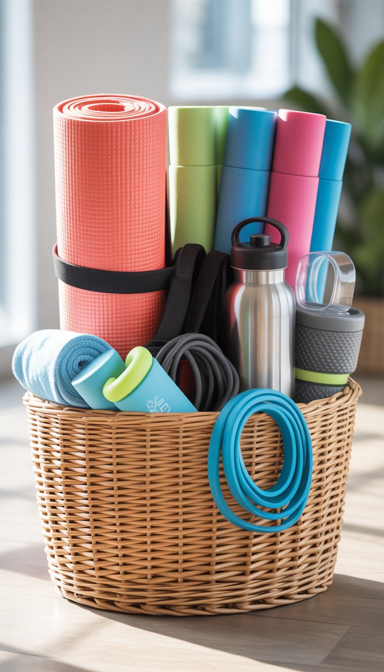 A fitness gift basket containing a yoga mat, resistance bands, water bottle, jump rope, and towel arranged on a bright surface.
