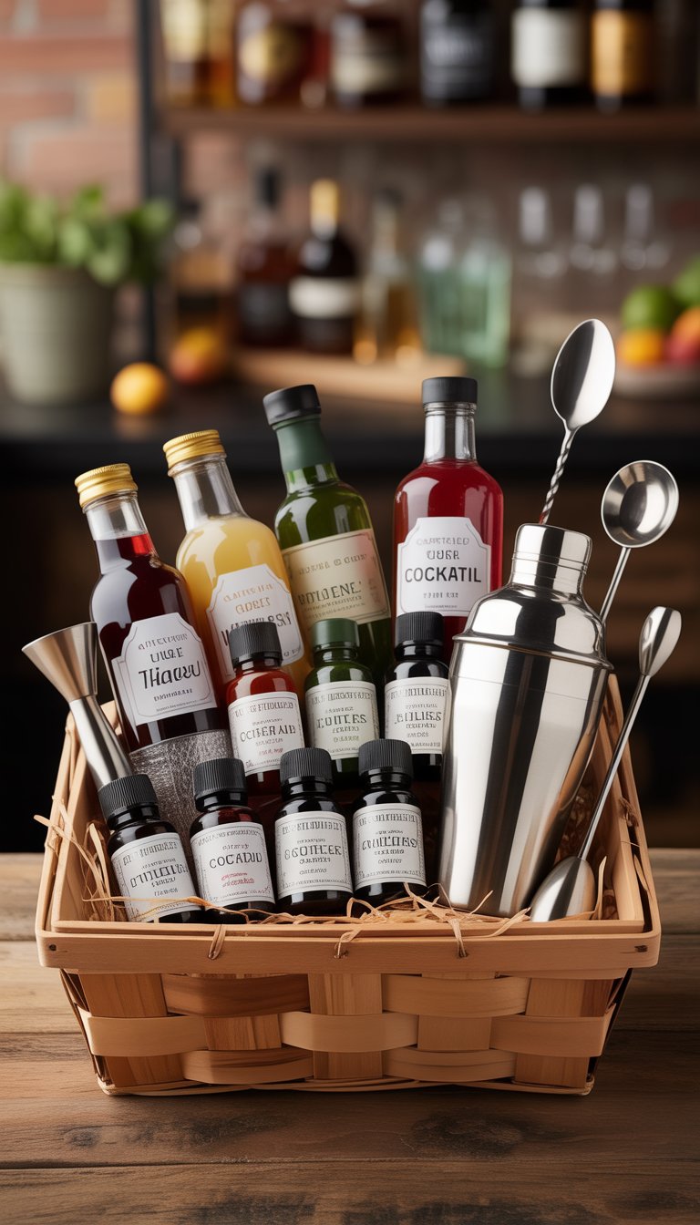 A neatly arranged craft cocktail kit with mixers, bitters, and bar tools inside a gift basket on a wooden table.