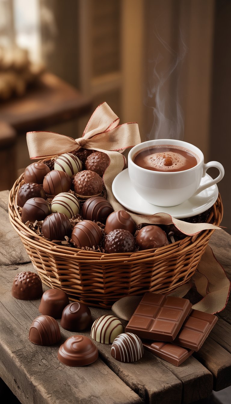 A gift basket with chocolate truffles and a cup of hot cocoa on a wooden table.