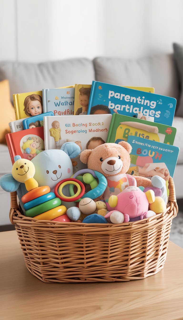 A woven basket filled with colorful baby toys and children's books on a wooden surface.
