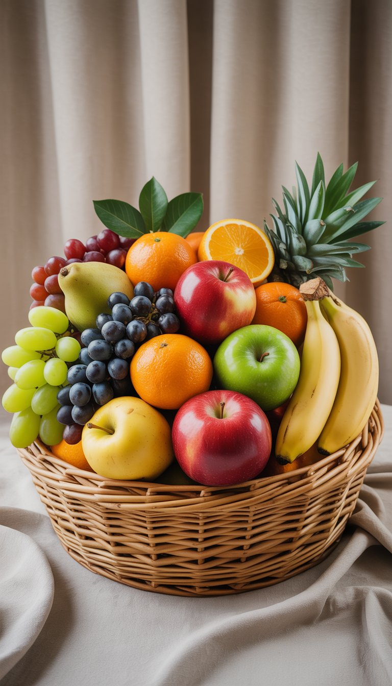 A basket filled with fresh seasonal fruits including apples, oranges, bananas, grapes, and pears.