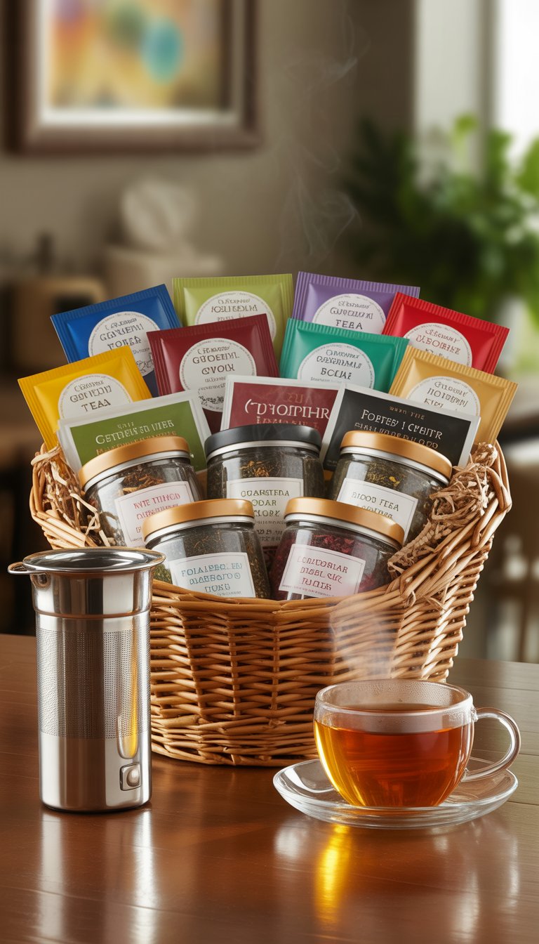 A gift basket filled with assorted tea packages, a tea infuser, and a glass cup of brewed tea on a wooden table.
