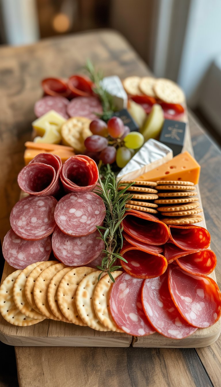 A charcuterie board with assorted sliced meats, crackers, cheese, grapes, and herbs arranged on a wooden surface.