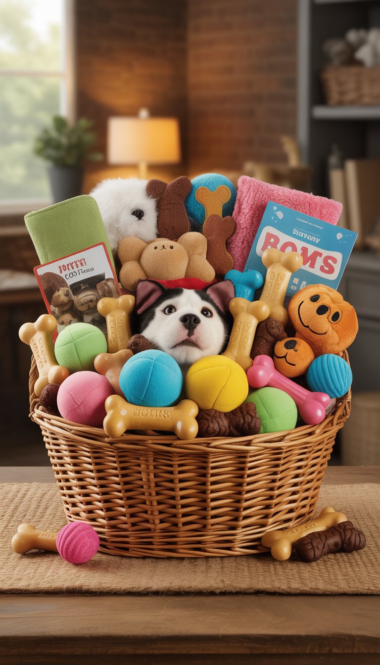 A woven basket filled with various pet treats and toys, including biscuits, chew toys, and plush items, displayed on a wooden surface.