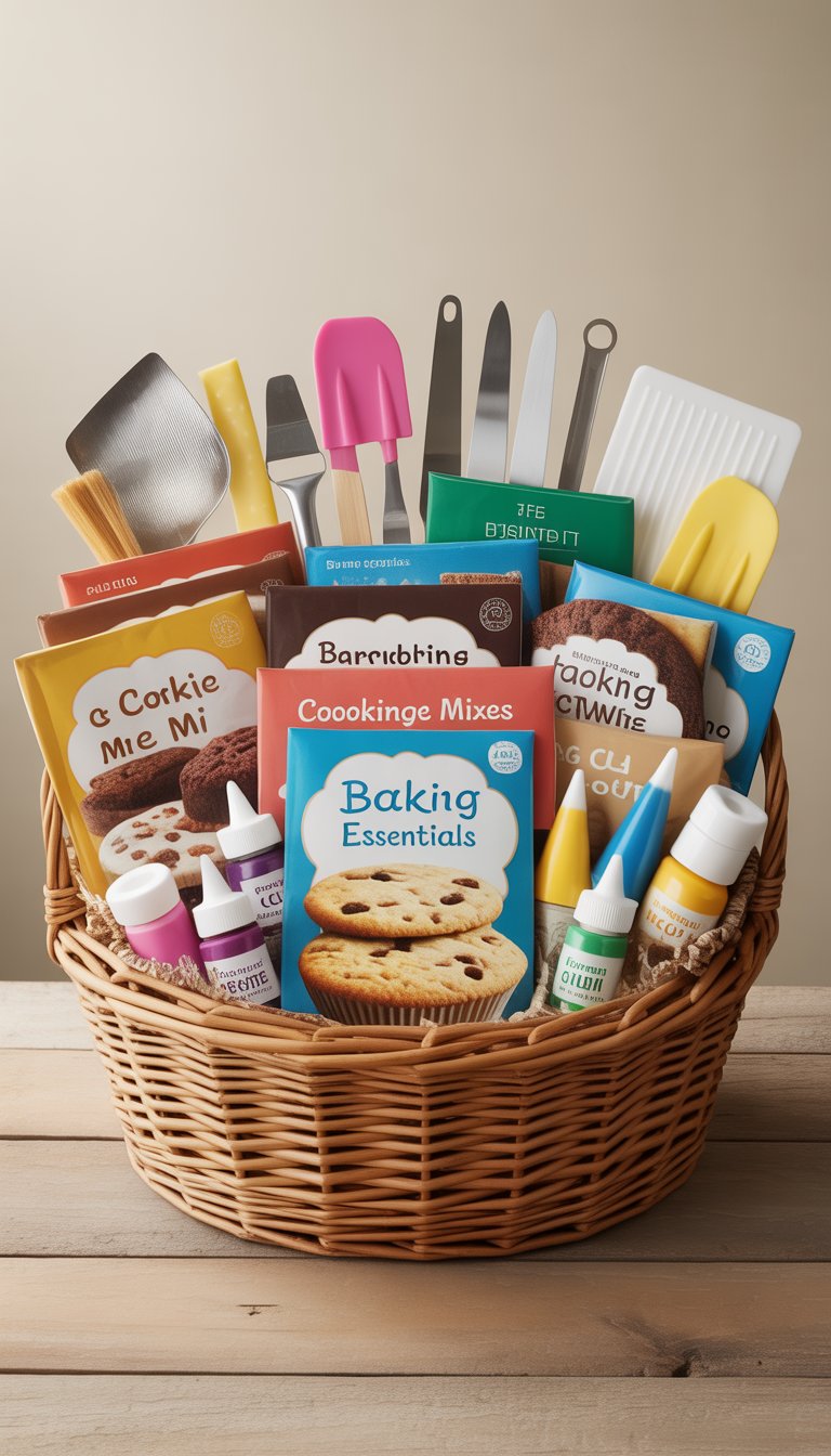 A gift basket filled with baking mixes and decorating tools arranged on a wooden surface.