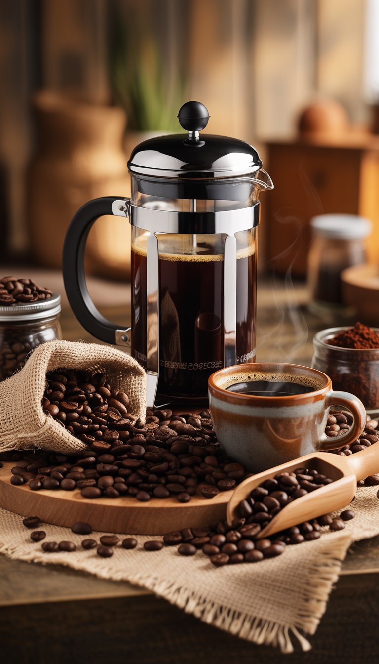 A French press with freshly brewed coffee, a cup of steaming coffee, and coffee beans arranged on a wooden surface.