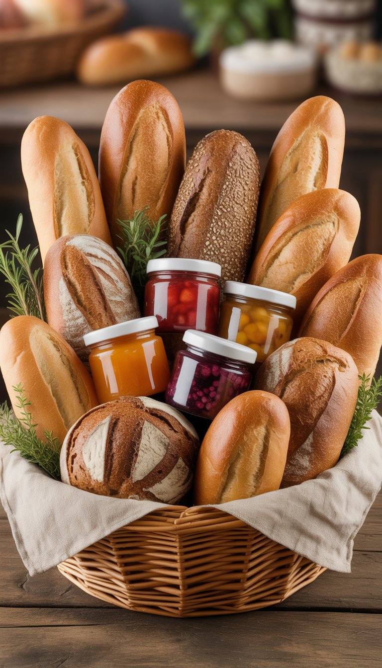 A gift basket filled with various artisan breads and jars of colorful jam on a wooden table.