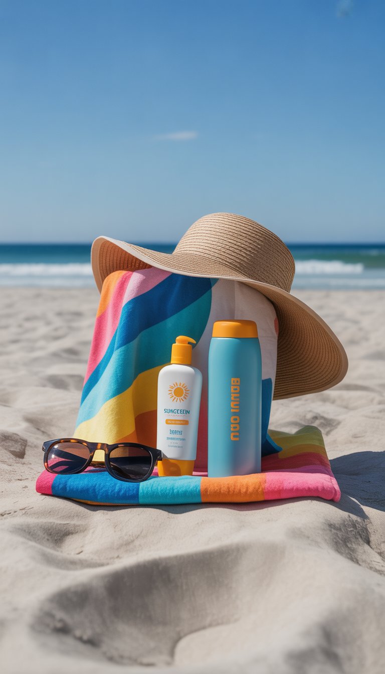 A beach day kit with a colorful towel, sunscreen bottle, sun hat, sunglasses, and water bottle arranged on white sand with ocean waves in the background.