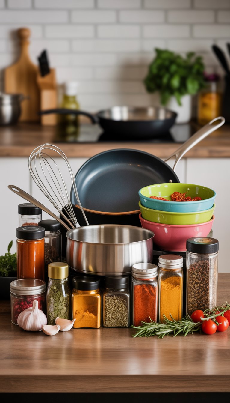A neatly arranged home chef gift set with cookware, spices in glass jars, and fresh ingredients on a wooden kitchen countertop.