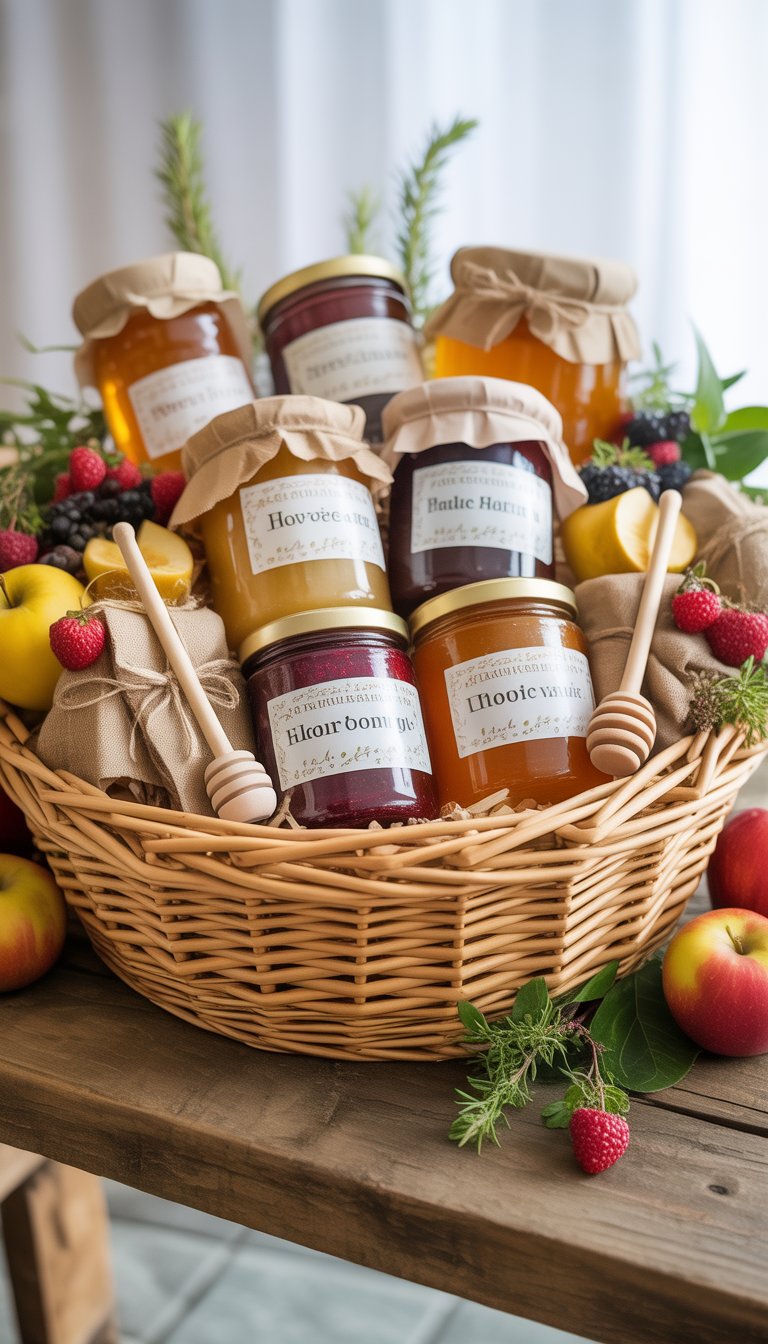 A gift basket filled with jars of honey and various fruit jams, surrounded by fresh fruits and herbs on a wooden table.