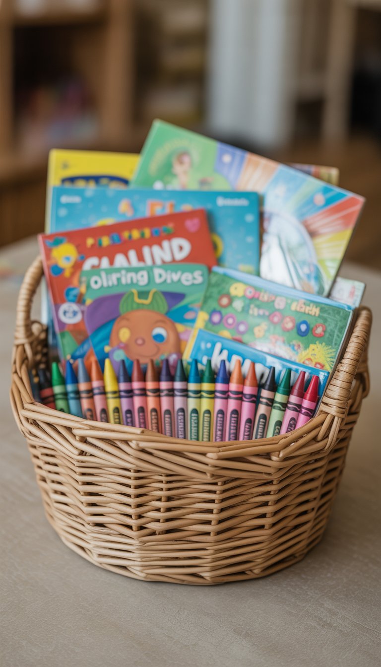 A woven basket filled with colorful crayons and children's coloring books on a neutral surface.