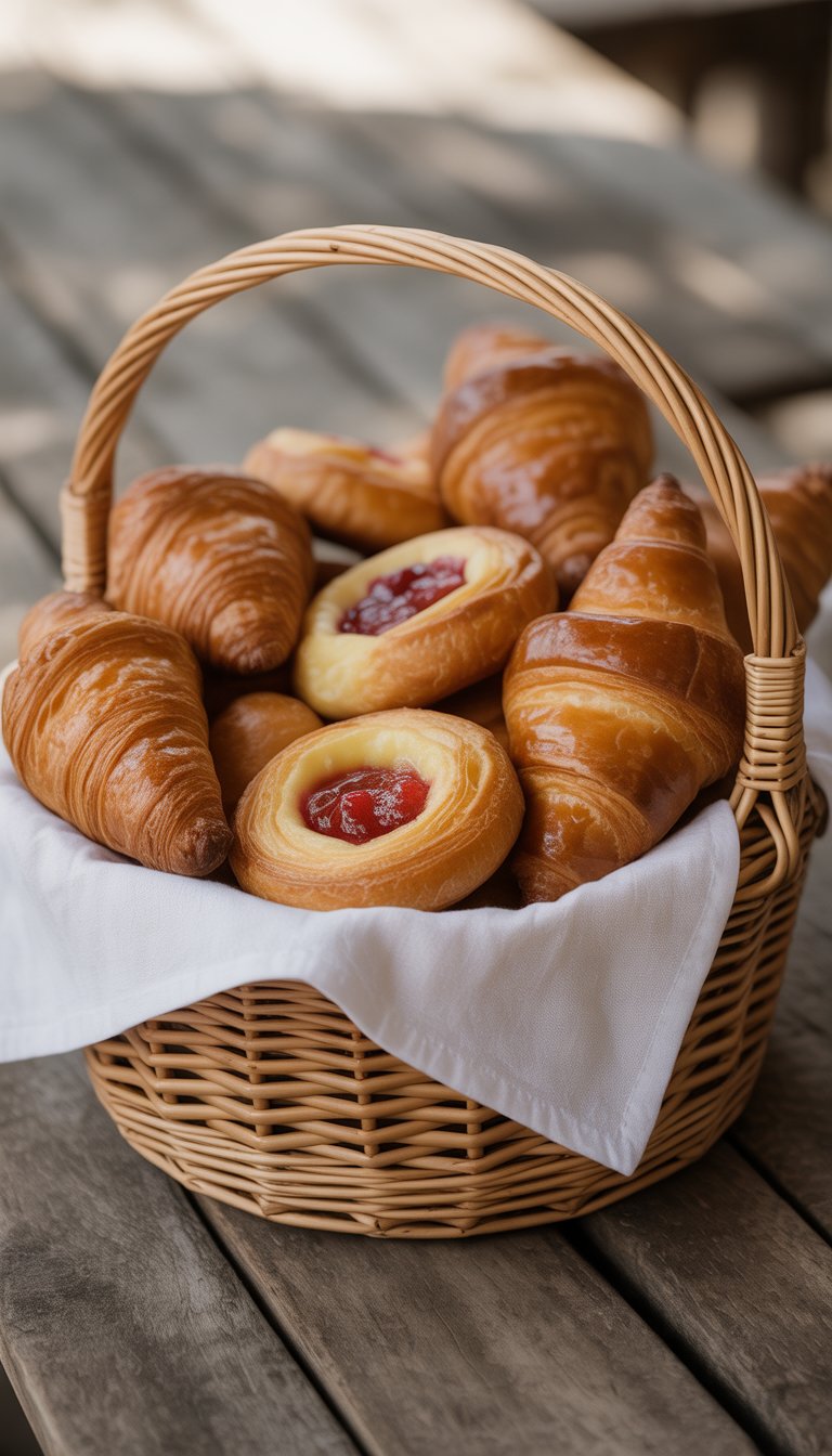 A woven basket filled with croissants and Danish pastries on a wooden table.