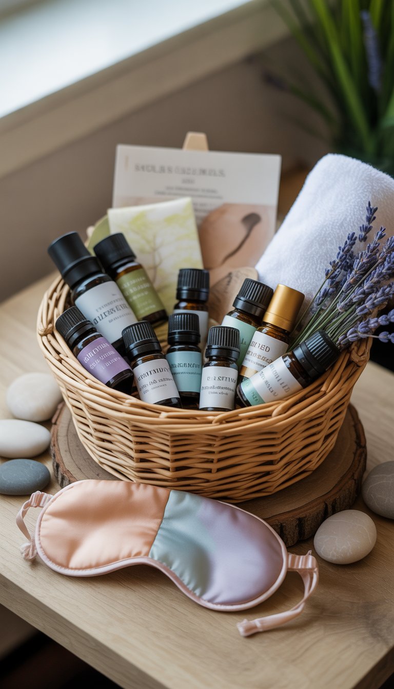 A woven basket filled with essential oil bottles and a folded eye mask on a wooden surface surrounded by spa items.