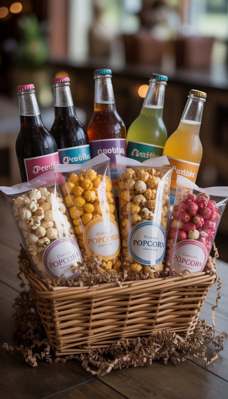 A gift basket filled with assorted gourmet popcorn bags and bottles of soda arranged neatly on a table.