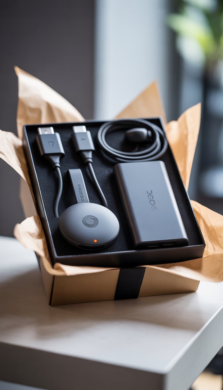 A neatly arranged tech gift set with a Chromecast, USB battery pack, and accessories displayed in a gift basket.