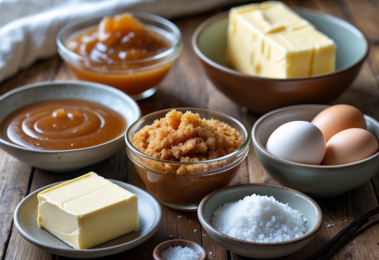 A collection of ingredients for butterscotch pie including butterscotch sauce, brown sugar, butter, cream, eggs, vanilla, and salt arranged on a wooden table.