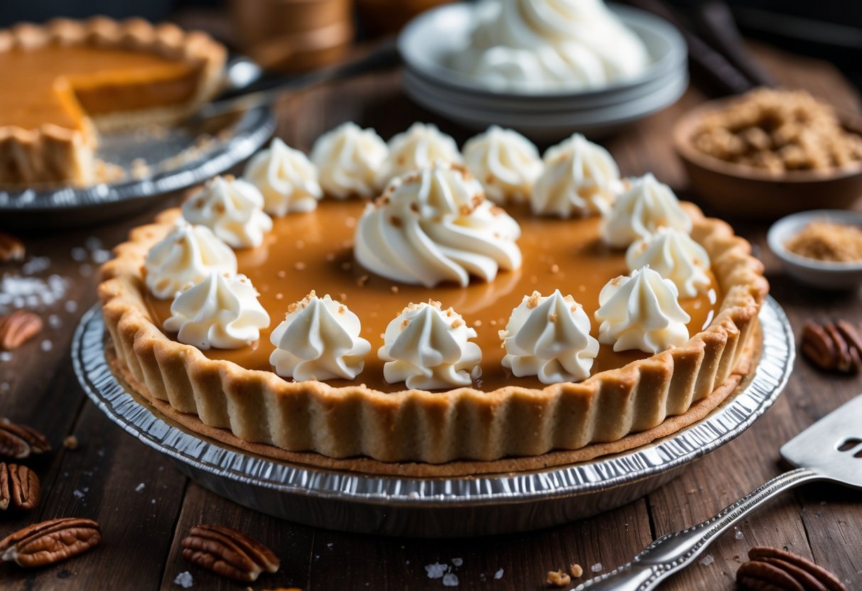 A butterscotch pie on a wooden table with whipped cream, chopped pecans, caramel drizzle, and sea salt toppings arranged around it.