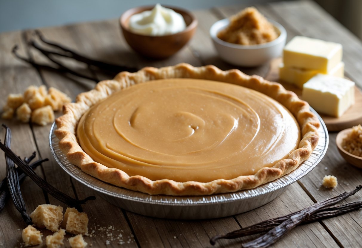 A freshly baked butterscotch pie on a wooden table surrounded by ingredients like vanilla beans, brown sugar, butter, and cream.