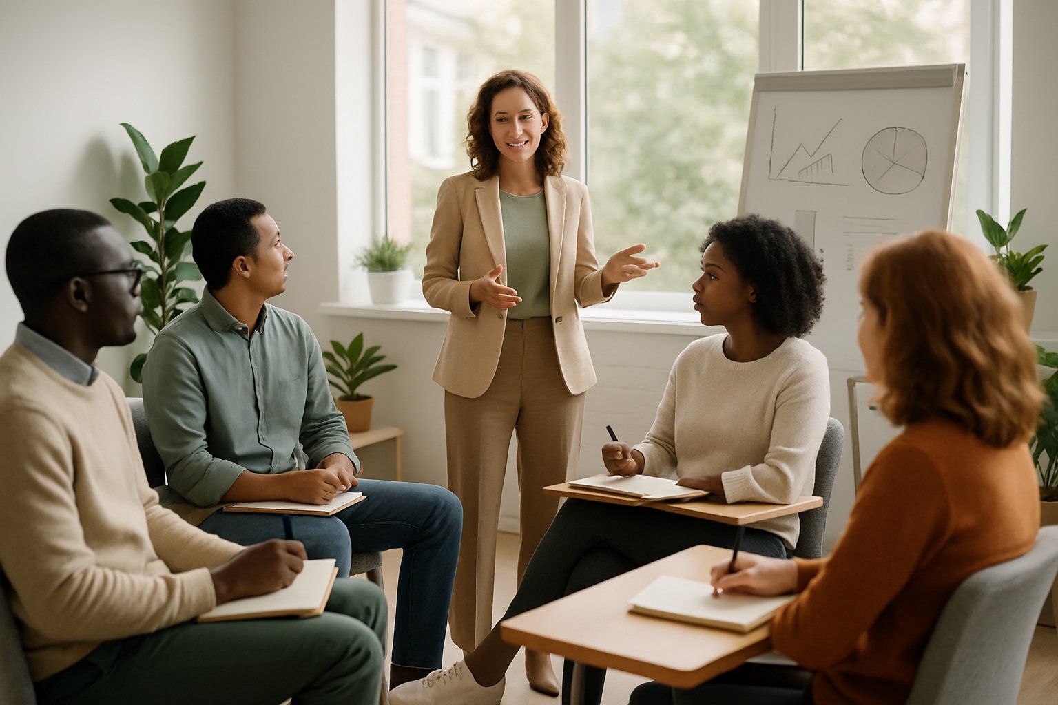 Eine Gruppe von Erwachsenen in einem hellen Seminarraum, die an einem Burnout-Kurs teilnehmen, während ein Kursleiter vor einer Tafel spricht.