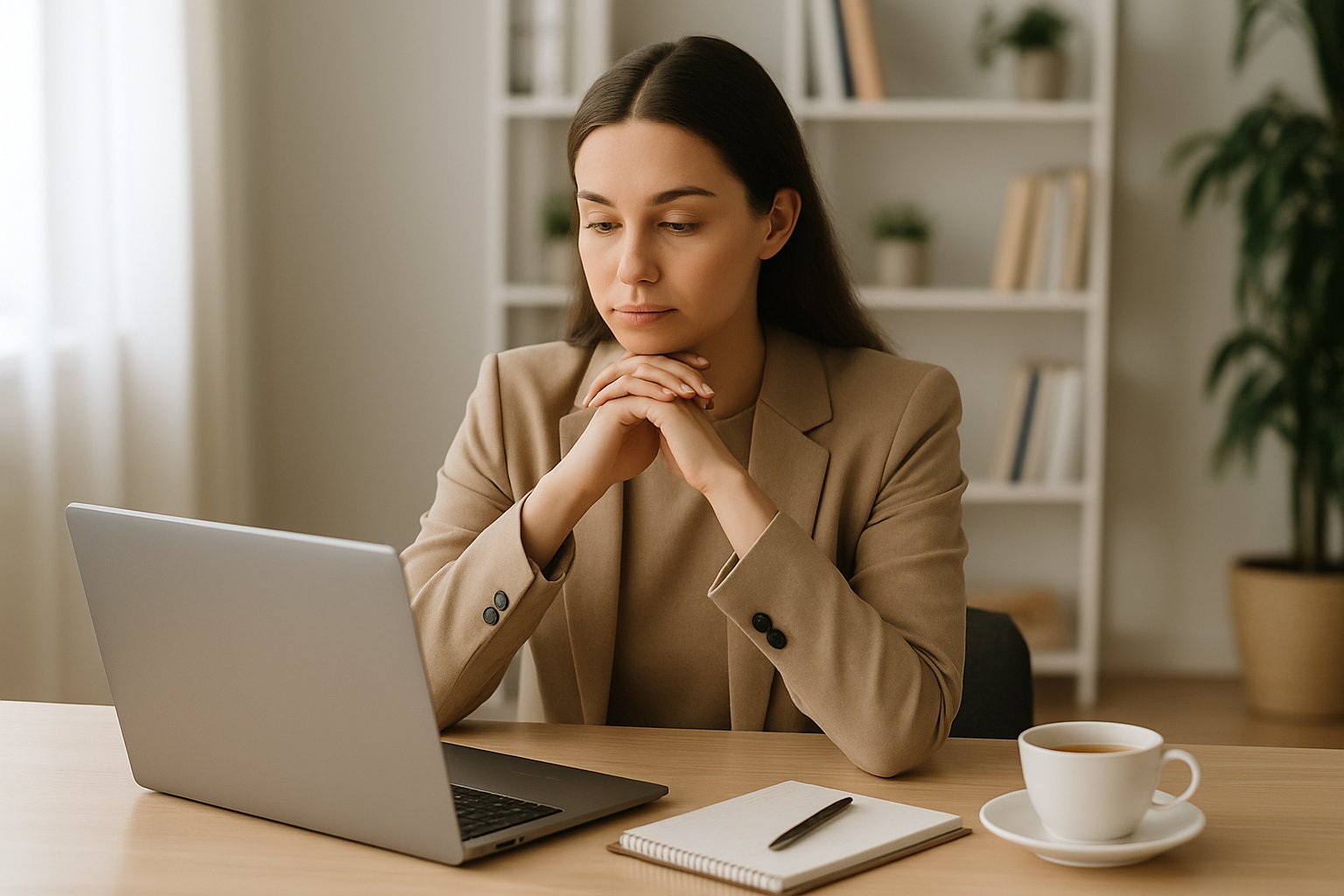 Frau sitzt konzentriert an einem Schreibtisch in einem modernen Büro mit Laptop und Pflanzen im Hintergrund.