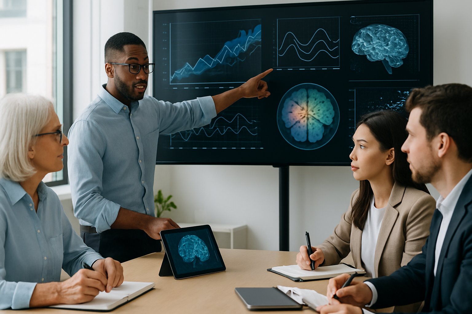 Eine Gruppe von Fachleuten diskutiert in einem modernen Büro vor Bildschirmen mit wissenschaftlichen Daten zu Stress und mentaler Gesundheit.