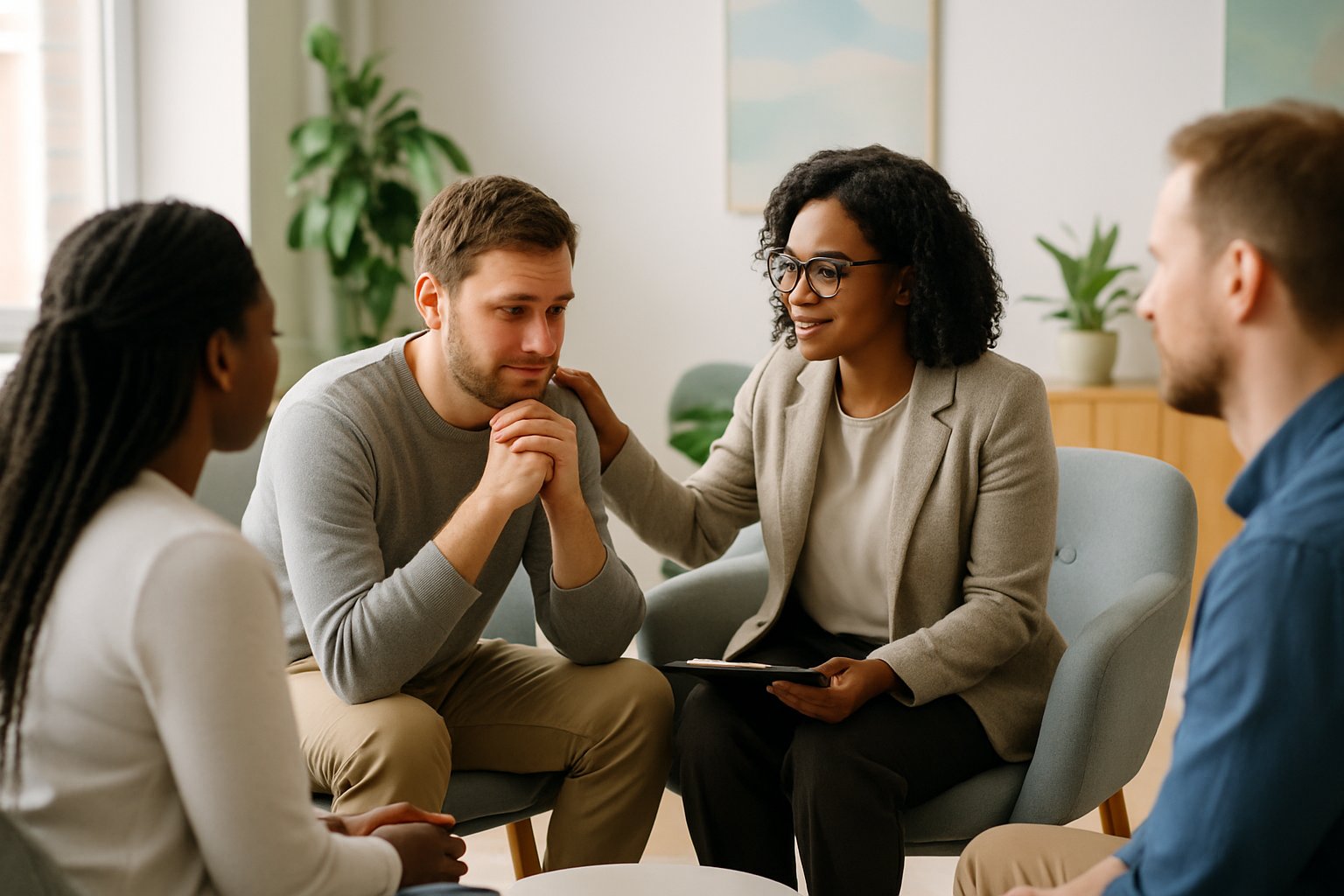 Eine therapeutische Sitzung mit einem Coach und einem nachdenklichen Klienten in einem hellen, freundlichen Büro.