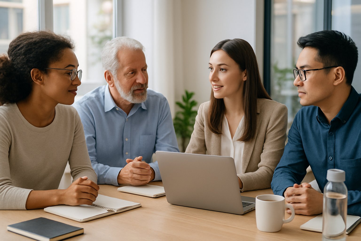 Eine Gruppe von Fachleuten sitzt in einem modernen Büro zusammen und führt eine ruhige, konzentrierte Besprechung.