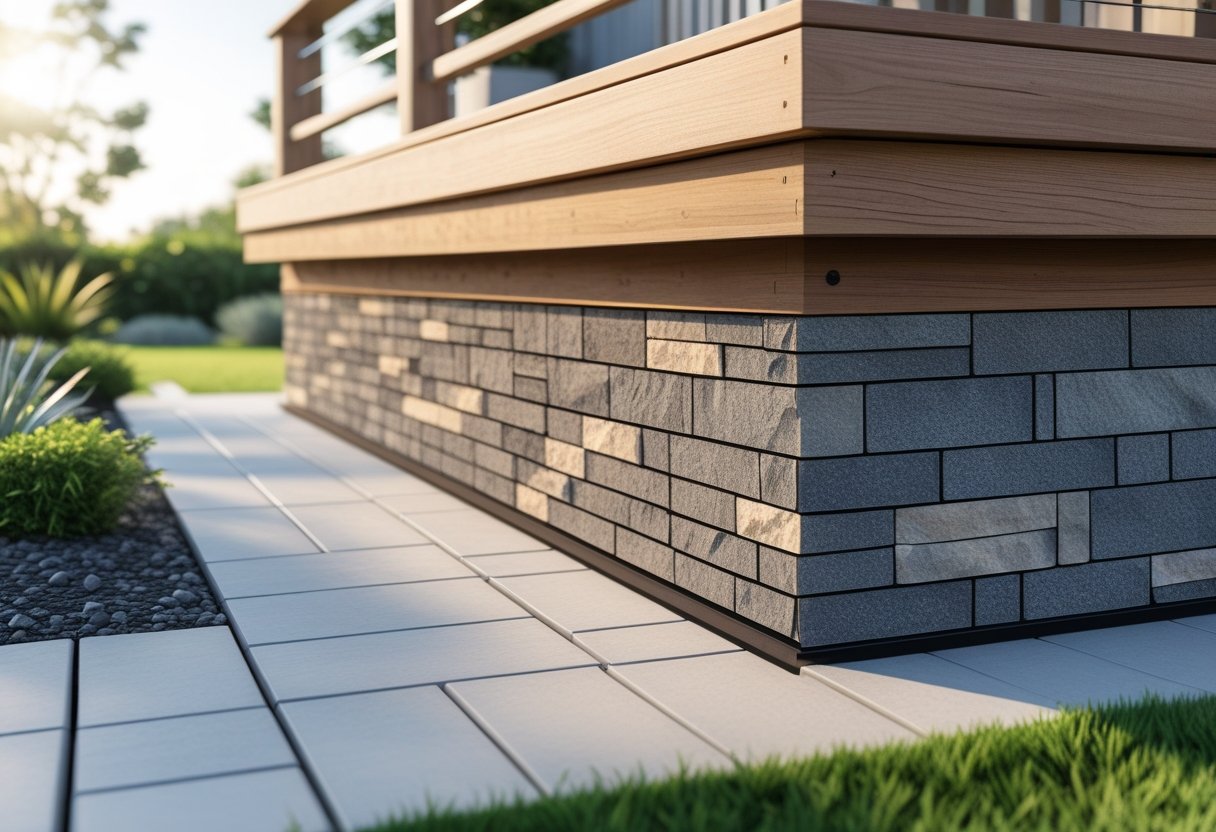 Outdoor view of a wooden deck with stone veneer panels used as skirting beneath it, surrounded by grass and plants.