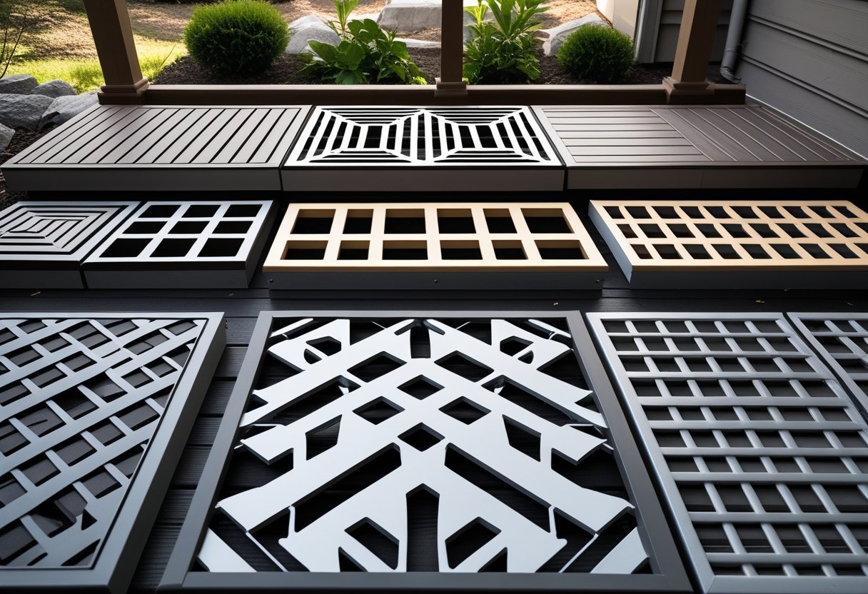 Several composite lattice panels with different geometric patterns installed under a deck as skirting.