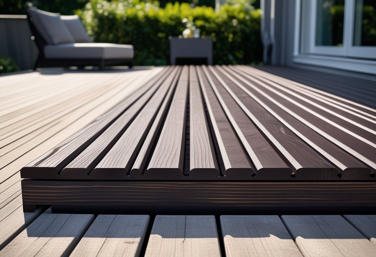 Close-up view of dark horizontal wood slats used as under deck skirting in an outdoor setting.