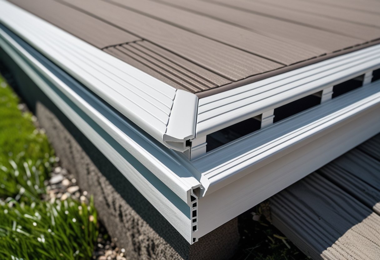 Close-up of vinyl tongue-and-groove skirting with ventilation installed under a deck in a residential backyard.