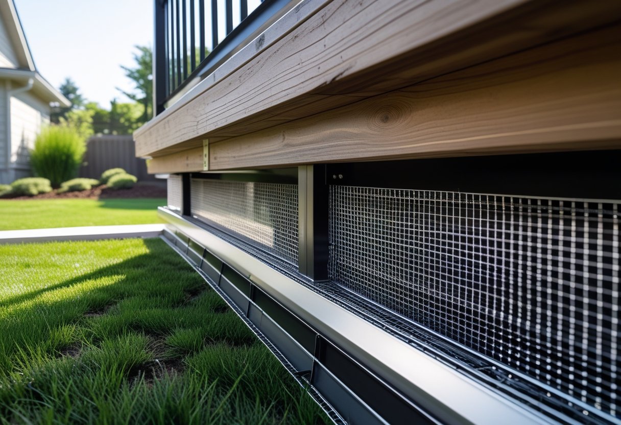 Underneath a wooden deck with metal mesh panels installed as skirting, surrounded by a green backyard.