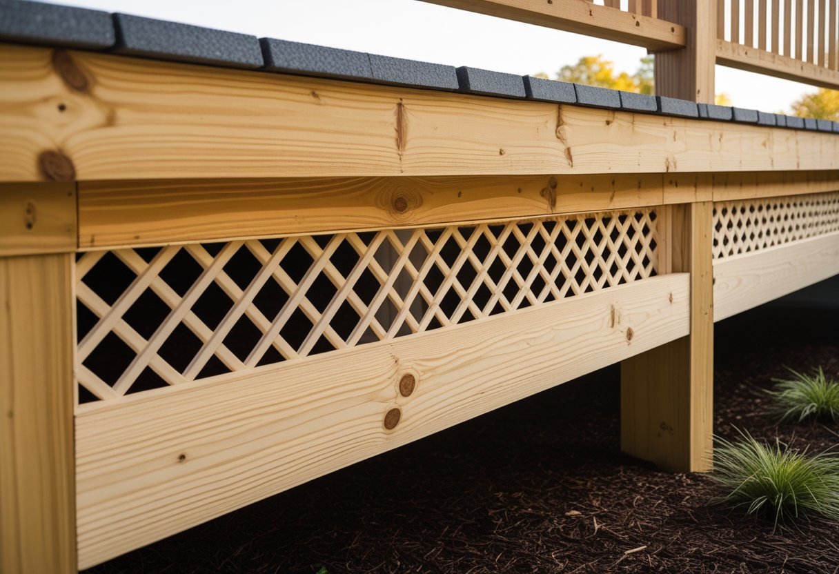 Under deck area with treated pine framing and decorative trellis inserts used as skirting.