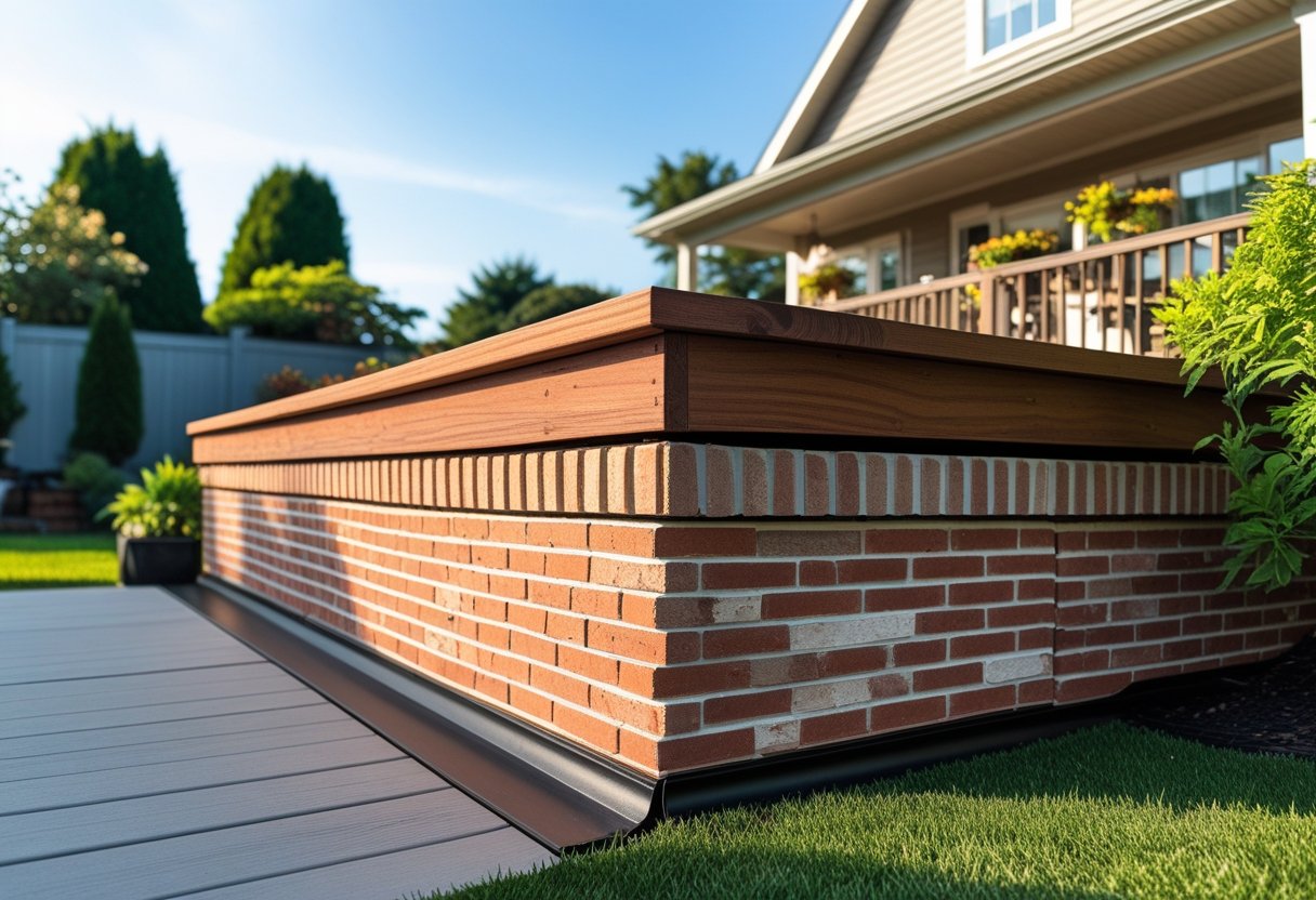 Outdoor deck with brick veneer foundation and under deck skirting surrounded by greenery in a backyard.