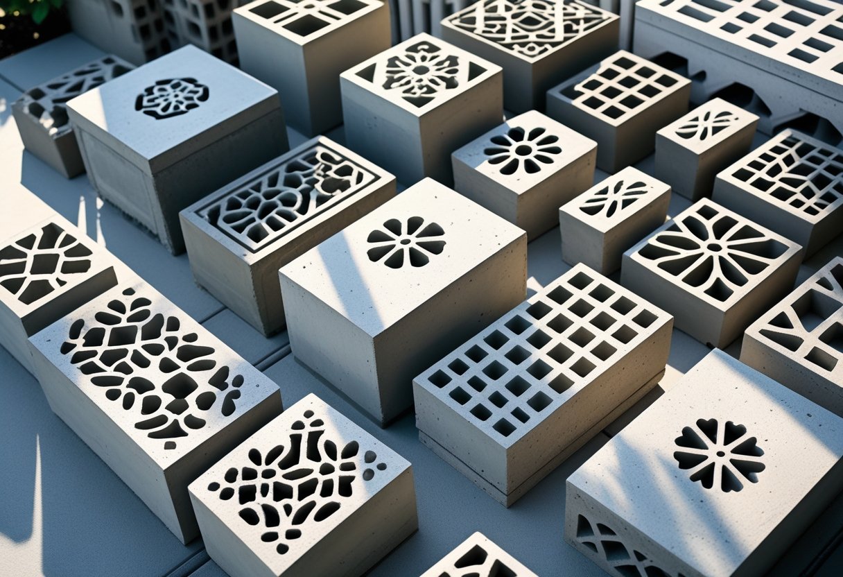 Various decorative concrete blocks with different textured patterns arranged side by side on a clean surface.