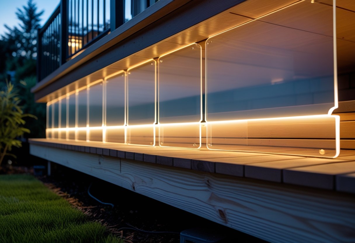 Underneath a wooden outdoor deck, custom-shaped translucent panels with soft backlighting illuminate the space, surrounded by green plants.