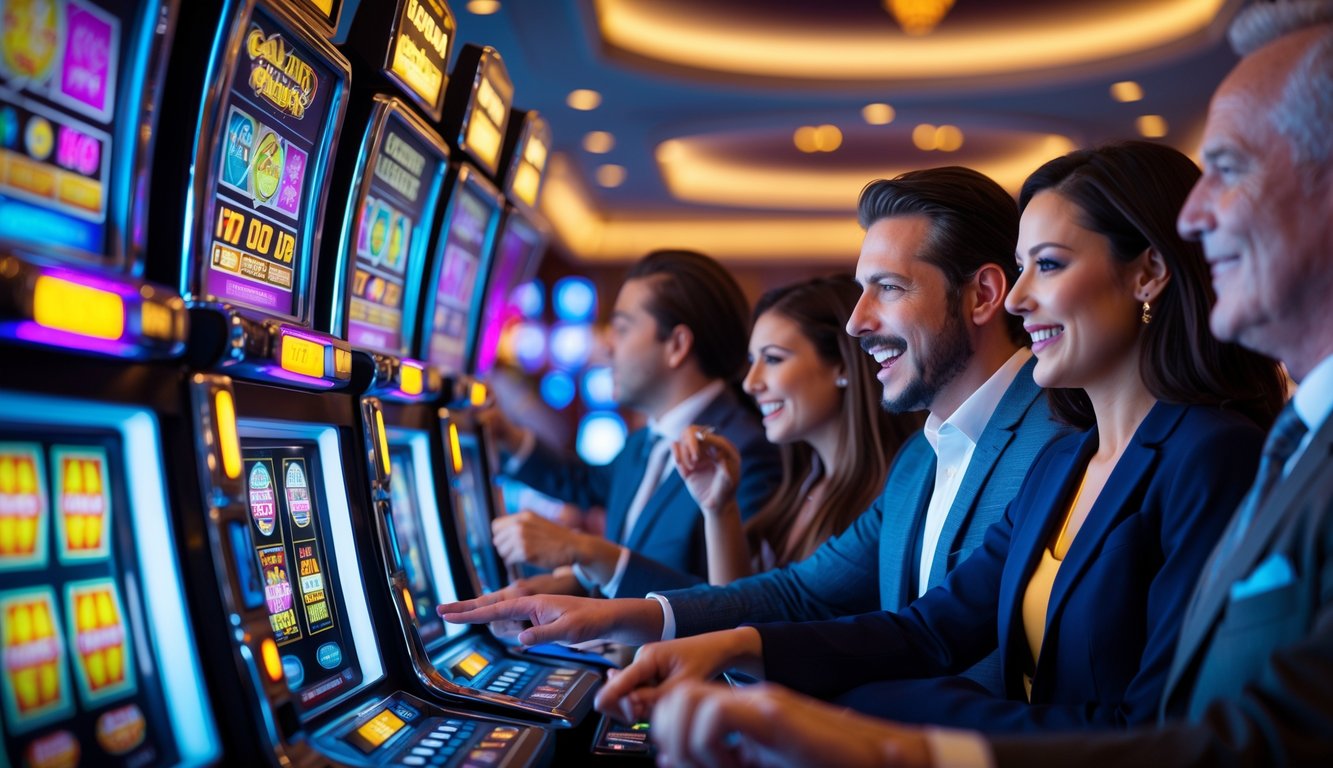 Orang-orang di kasino modern sedang bermain mesin slot dengan suasana yang cerah dan mewah.