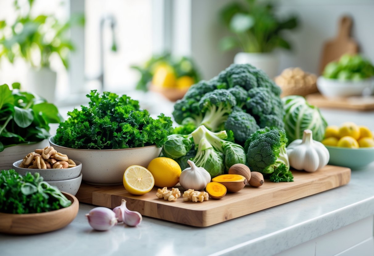 A kitchen counter displaying fresh vegetables and foods that support liver detox, including leafy greens, broccoli, garlic, turmeric, avocados, walnuts, and lemons.