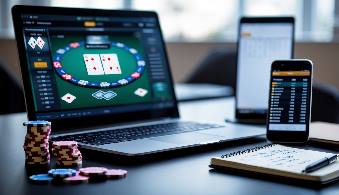 Meja kerja dengan laptop yang menampilkan permainan poker online, tumpukan chip poker, ponsel dengan statistik poker, dan buku catatan dengan pena.