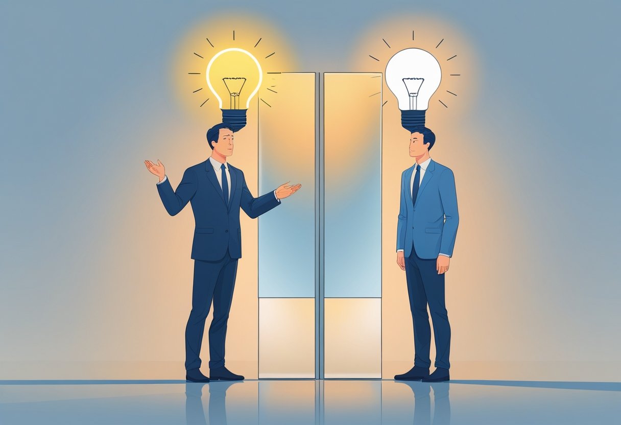 Two people standing side by side, one looking confidently proud with a large glowing light bulb above their head, the other calm and reflective with a smaller dim light bulb above their head, separated by a transparent panel symbolizing introspection.